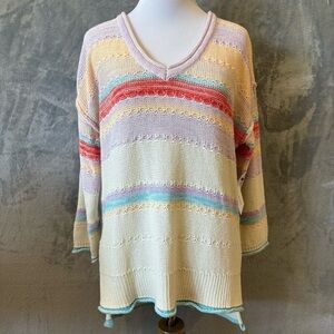 NWT Crochet Knit Boho Beachy Artsy Colorful Tribal Sweater W/Ribbed Hem Sz M